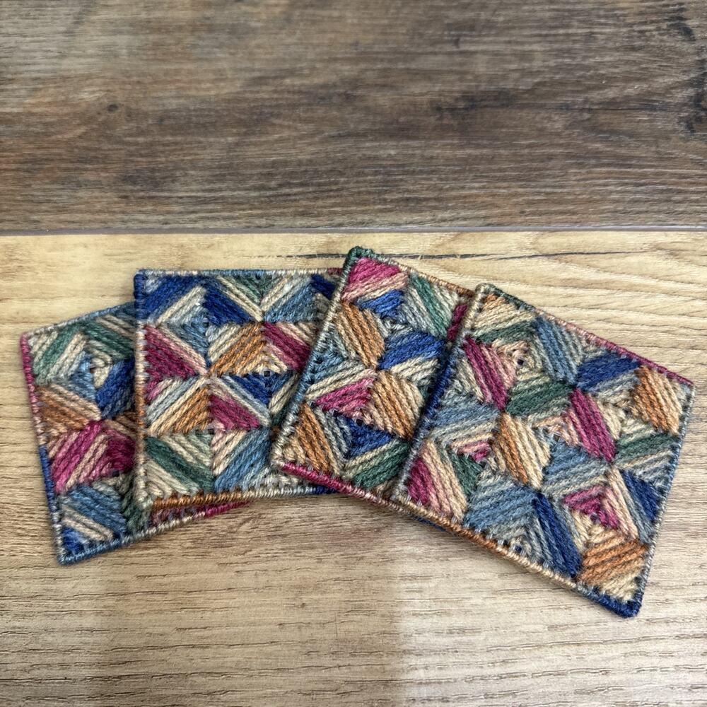 Vintage Handmade Plastic Canvas Yarn 4 Coasters Set 3.25” Boho MCM
